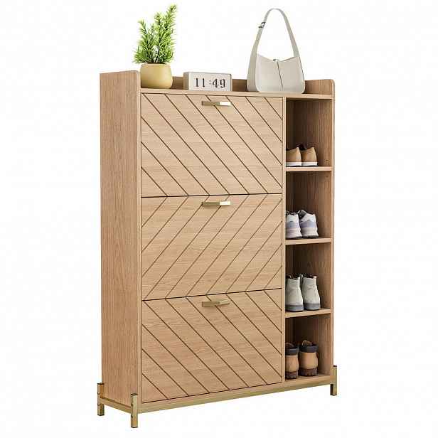 OKWISH BOTNÍK 90/24/119 cm přírodní z MDF s výklopnými dvířky a otevřenými policemi
