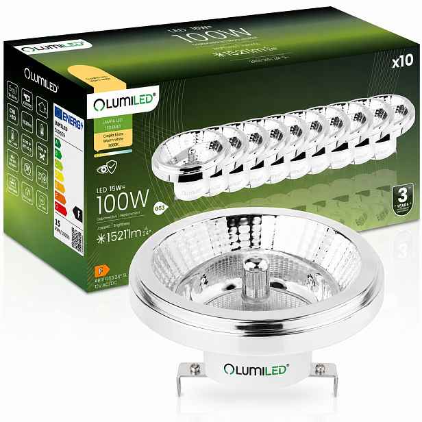 10x Led žárovka G53 AR111 15W 100W 1521lm 3000K 24° 12V Stříbrná Lumiled