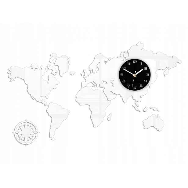 Nástěnné hodiny v moderním akrylovém stylu Mapa světa, bílá 120x70