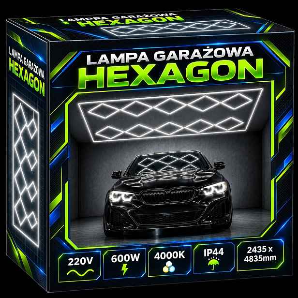 Led lampa Hexagon 600W 4000K Stropní garáž Dílna Detailing 484x244cm