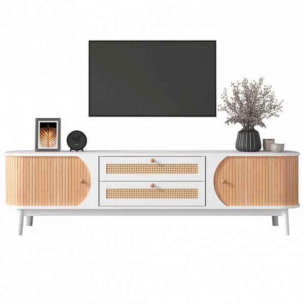 Modfu TV stolek z MDF 170x46x39,5 cm bílý v dekoru dřeva se dvířky a zásuvkami s ratanovým výpletem