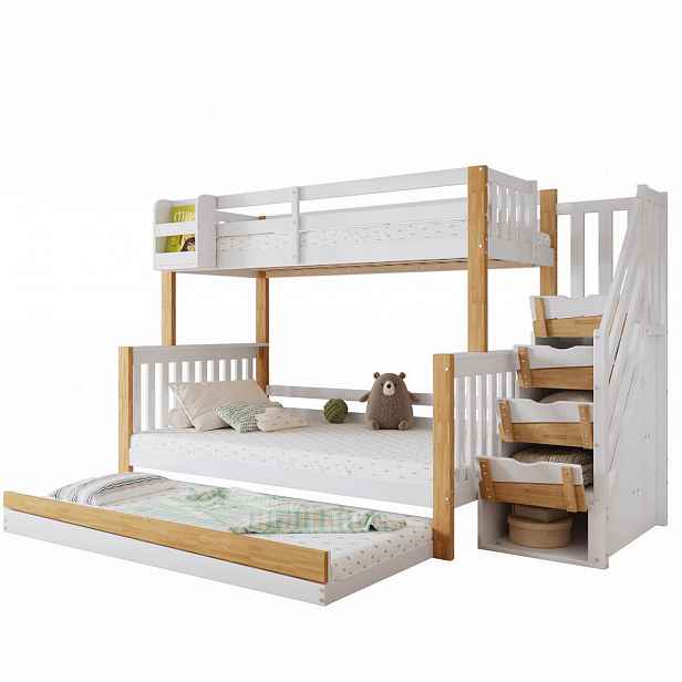 OKWISH PATROVÁ postel 90/200 cm bílá z borovice s výsuvným lůžkem a úložnými schody