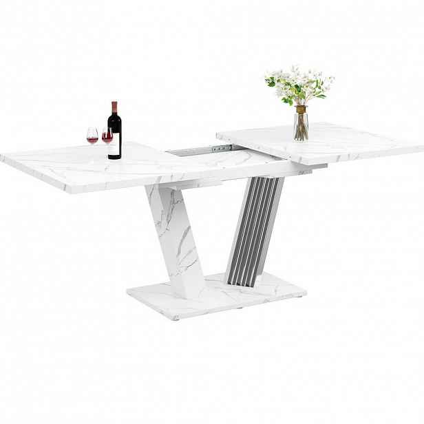 OKWISH JÍDELNÍ stůl 120-160/80/76 cm bílý z MDF a kovu rozkládací s mramorovým dekorem