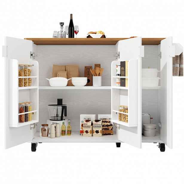 OKWISH KUCHYŇSKÝ ostrůvek 130/45(75)/92 cm bílý z MDF s kolečky a sklopnou deskou
