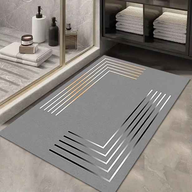 TEMU Luxusní Tlustá Protiskluzová Rohož z Diatomové Hlíny - Měkká, Savá, Rychleschnoucí, Elegantní Design se Šedými a Zlatými Pruhy. Ideální do