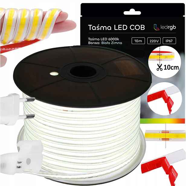 Set Led Pásek Cob 10 m 230 V Bílý Studený 6000 K Řezaný Každých 10 CM IP67 Lepidlo