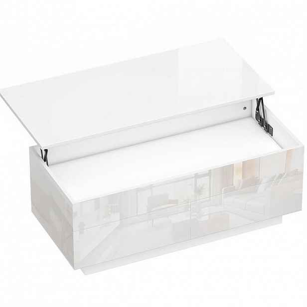 OKWISH KONFERENČNÍ stolek 102/48/40 cm lesklá bílá z dřeva a kovu se zvedací deskou a zásuvkami