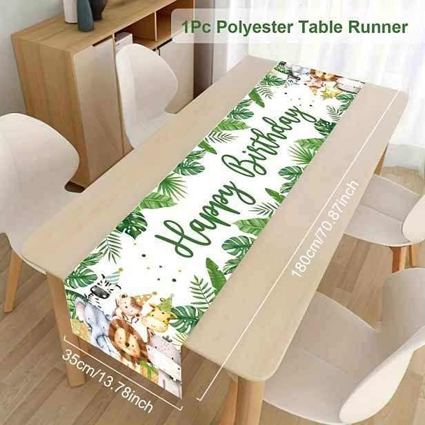 TEMU 1ks Jungle Theme Happy Birthday Table Runner - 35x180cm, Polyester, Zelený lesní lvem, slůnkem, hrochem a žirafou, Ideální pro dekorace 1.