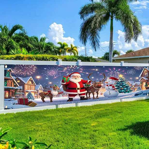 TEMU 1ks Zimní vánoční dekorace s Claus a sobů - Polyesterová vlajka na plot, trávník a stěny, venkovní dekorace na oslavy a dovolenou, nevyžaduje