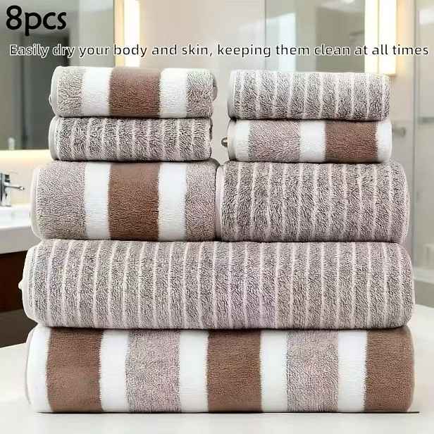 TEMU 8ks Luxusní Sada Ručníků Coral Spa - Ultra-měkké Mikrovlákno, Rychleschnoucí, Vysoce Savé, Šedobíle Pruhovaný Design, Obsahuje 2 Osušky, 2