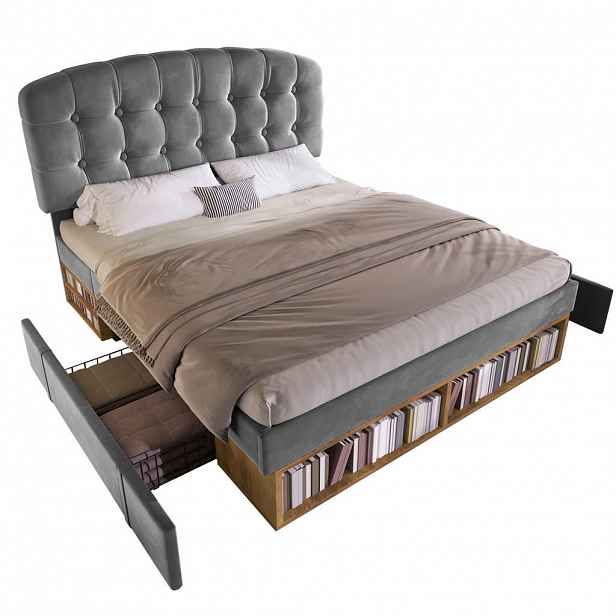 CHICFURN ČALOUNĚNÁ POSTEL 140/190 cm v šedé barvě ze sametu se zásuvkami a úložnými přihrádkami