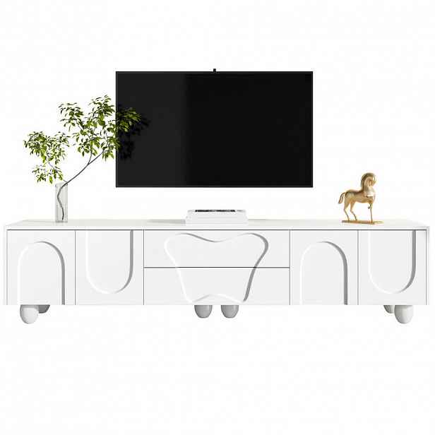 Modfu TV stolek z dřevotřísky 180x40x42 cm bílý s úložným prostorem, zásuvkami a nohami z masivního dřeva