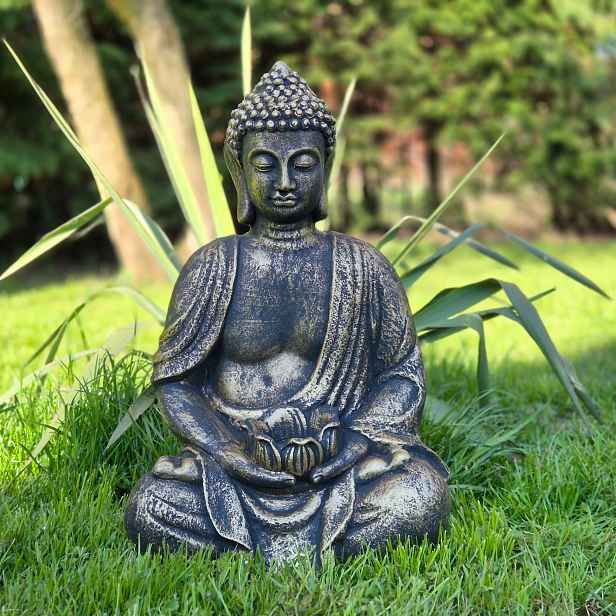 Zlatý Buddha s květinou Betonová zahradní figurka 41 cm 12 kg