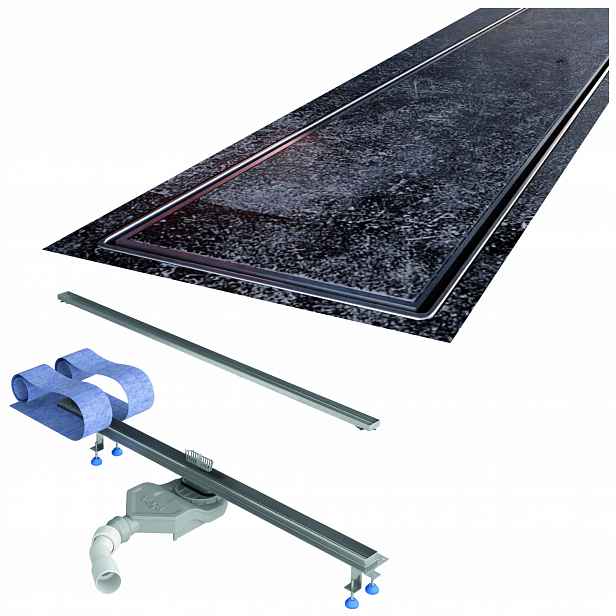 Lineární odtok 90 cm pod desku, ocelový sifon Viega, sada Waterway Slim