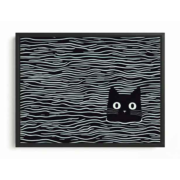 Obraz Rám Americký Box Grafika Minimalismus Vlny Černý Bílý B&w Kočka 80x60