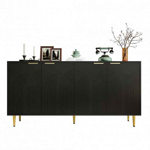 STILVORA KUCHYŇSKÁ SKŘÍŇ v černé barvě se 4 dvířky a zlatými kartáčovanými úchyty, do obývacího pokoje, 160 × 40 × 80 cm
