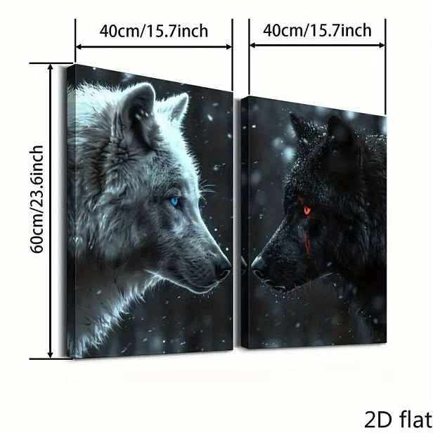 TEMU 2D ploché, 2D ploché, dva kusy obrazů na plátně s vlka, černobílé detailní portréty, klasická moderní umělecká dekorace, inkoustové potisky