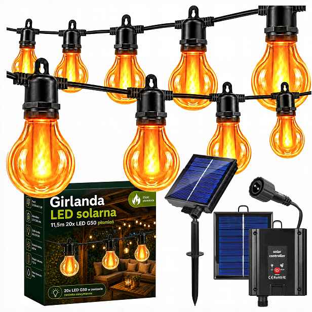 Solární zahradní světelná girlanda 11,5M 20X Led žárovka G50 plamen