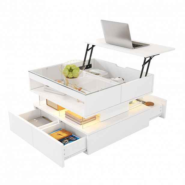 OKWISH KONFERENČNÍ stolek 70/67/57 cm bílý z dřevotřísky se zdvihací deskou LED osvětlením