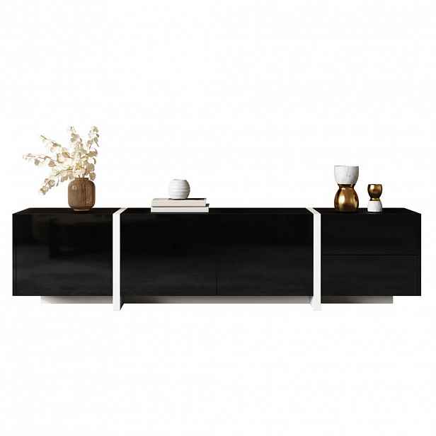 Modfu TV stolek z dřevotřísky 170x30x39 cm černobílý s úložným prostorem, výklopnými dvířky a vysokým leskem
