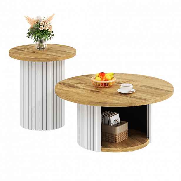 OKWISH KONFERENČNÍ stolek 75/75/50 cm přírodní z MDF se sadou 2 kulatých stolků