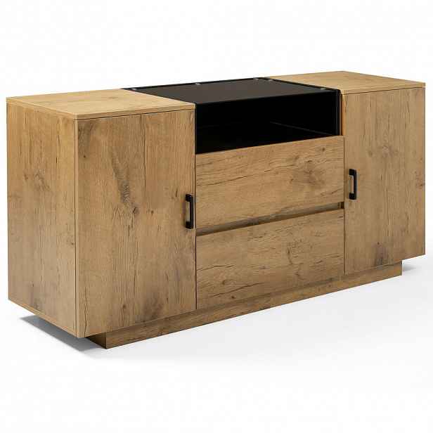 Urban Meuble SIDEBOARD v dekoru dub se skleněným čelem se 2 zásuvkami, 2 dvířky a otevřenou přihrádkou