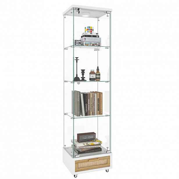 Modfu VITRÍNA z MDF a tvrzeného skla 42,5x167x36,5 cm bílá s LED osvětlením, zásuvkami a uzamykatelným úložným prostorem