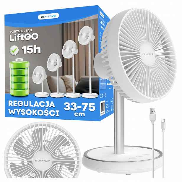 Ventilátor Stolní ventilátor 2v1 LiftGo 15h bezdrátový stojící 33-75 cm