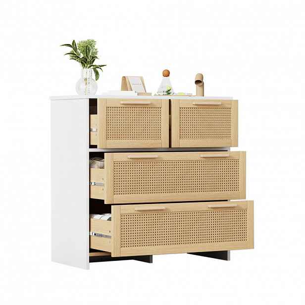 Modfu KOMODA z MDF a masivního dřeva 80x80x38 cm přírodní/bílá se 4 zásuvkami a ratanovým čelem