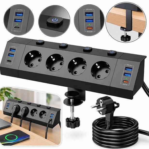 Zásuvková Lišta Stolní 10V1 10 Zásuvek Usb-a/c Kabel 2M Úhel 45° Černá