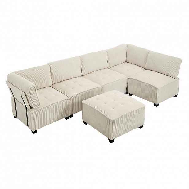 Redom MODULÁRNÍ pohovka 308/154/81,99 cm, 6 míst, variabilní sestava do U/L i lůžka, manšestr, boční kapsy, Béžová
