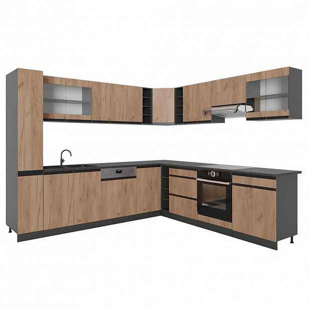 Vicco ROHOVÁ KUCHYŇ R-Line, Zlatý mocný dub/Antracit, 277 x 257 cm J-Shape, PD Antracit