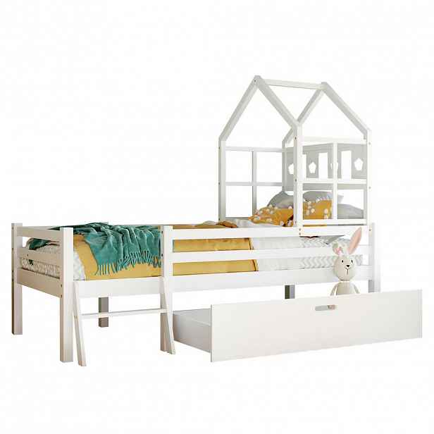 CHICFURN VYVÝŠENÁ POSTEL 90/200 cm v bílé barvě se zásuvkou a žebříkem
