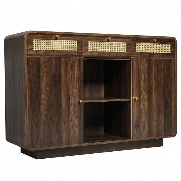 Urban Meuble SIDEBOARD ořech, ratanová čela, zlaté úchytky 3 zásuvky, 2 skříňky, výškově nastavitelné police