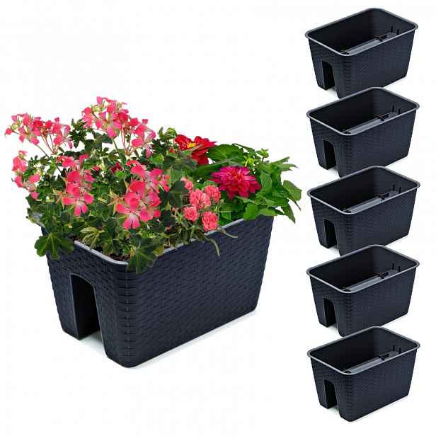 5 x Krabička Květináč 27,2 x 39,6 cm Ratan Antracit 13 L zábradlí