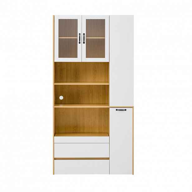 Modfu VYSOKÁ skříňka z MDF 100x40x200 cm bílá/přírodní se zásuvkami, výsuvnou policí a rýhovaným sklem