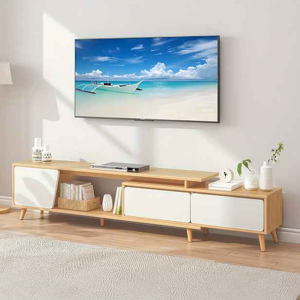 TEMU Výsuvná TV skříň 135-190 cm, s 1 dveřmi, 2 zásuvkami a otevřenými úložnými prostory, vhodná pro elegantní nízké skříně do obývacího pokoje