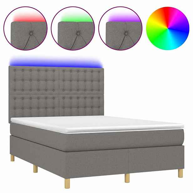 vidaXL Box spring postel s matrací a LED tmavě šedá 140x190 cm textil