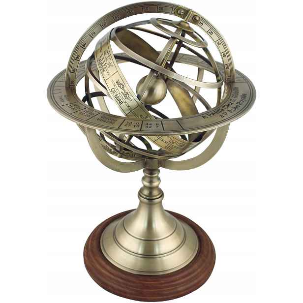 Armillary, starožitná mosaz na dřevěném podstavci, V: 38,5cm, Ø: 26,5cm