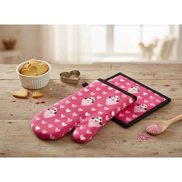Kuchyňský SET rukavice/chňapka VALENTINES 18x30 cm/20X20 cm panda , 100% bavlna