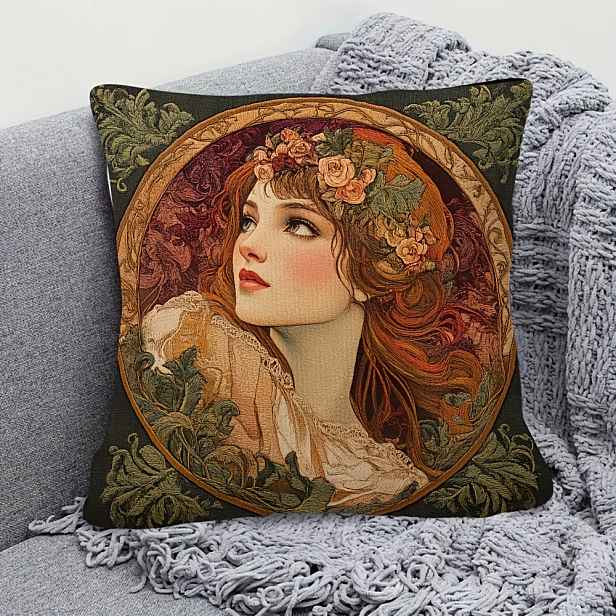 TEMU 2D plochý - Krátký plyšový dekorativní povlak na polštář s tradiční 2D plochou potiskem, rozměry 18"X18", s elegantním květinovým a portrétním