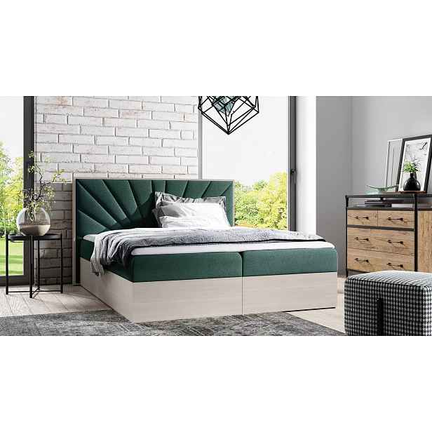 Čalouněná manželská postel 140x220 CHANTELLE 7 - nordic teak / zelená + topper ZDARMA
