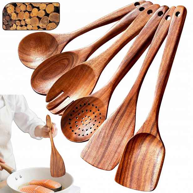 Dřevěné Kuchyňské Náčiní Do Kuchyně Špachtle Lžíce Stojan 6 Ks