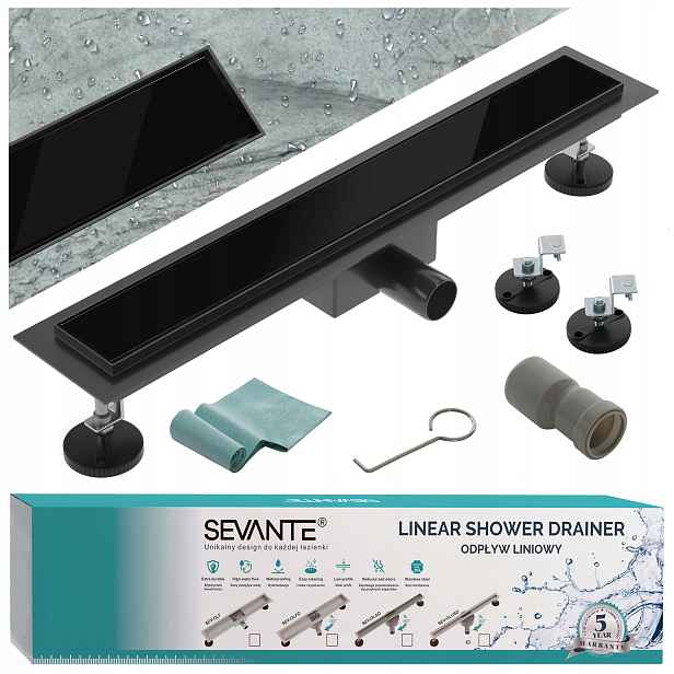 Lineární odtok s maskovacím otvorem 80 cm Flat, černé sklo nerezová ocel Sevante
