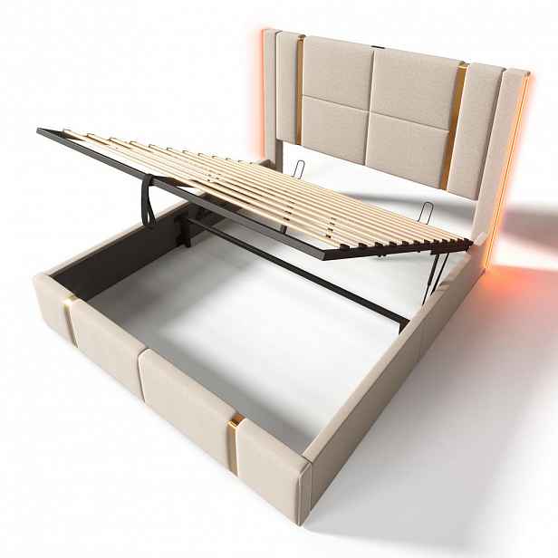 Urban Meuble ČALOUNĚNÁ POSTEL lněná béžová, LED, USB-C, úložný prostor, 160x200 cm