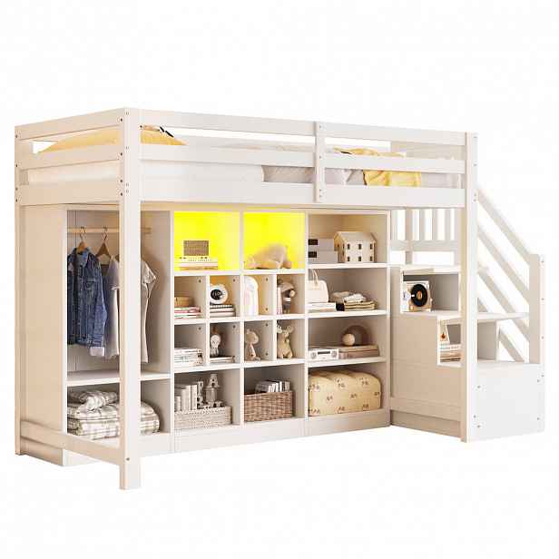 CHICFURN VYVÝŠENÁ POSTEL 90/200 cm v bílé barvě s úložným prostorem a LED