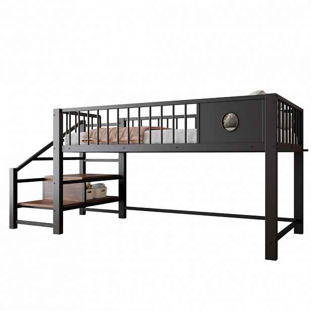 OKWISH PATROVÁ postel 90/200 cm černá kovová s úložným žebříkem