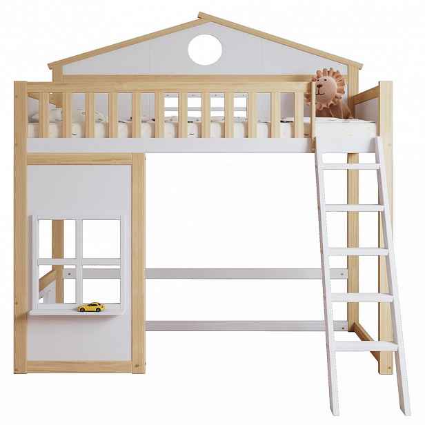 CHICFURN PATROVÁ POSTEL 90/200 cm v bílé a přírodní barvě se schůdky, střechou a okny