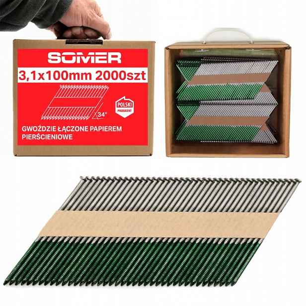 Hřebíky pro hřebíkovačky kroužkové 3,1x100 mm 2000 ks spojené papírem