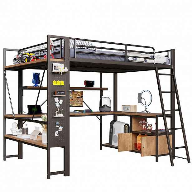STILVORA HOCHBETT 140/200 cm in Schwarz mit Schreibtisch, Stauraum, Regal, LED und USB